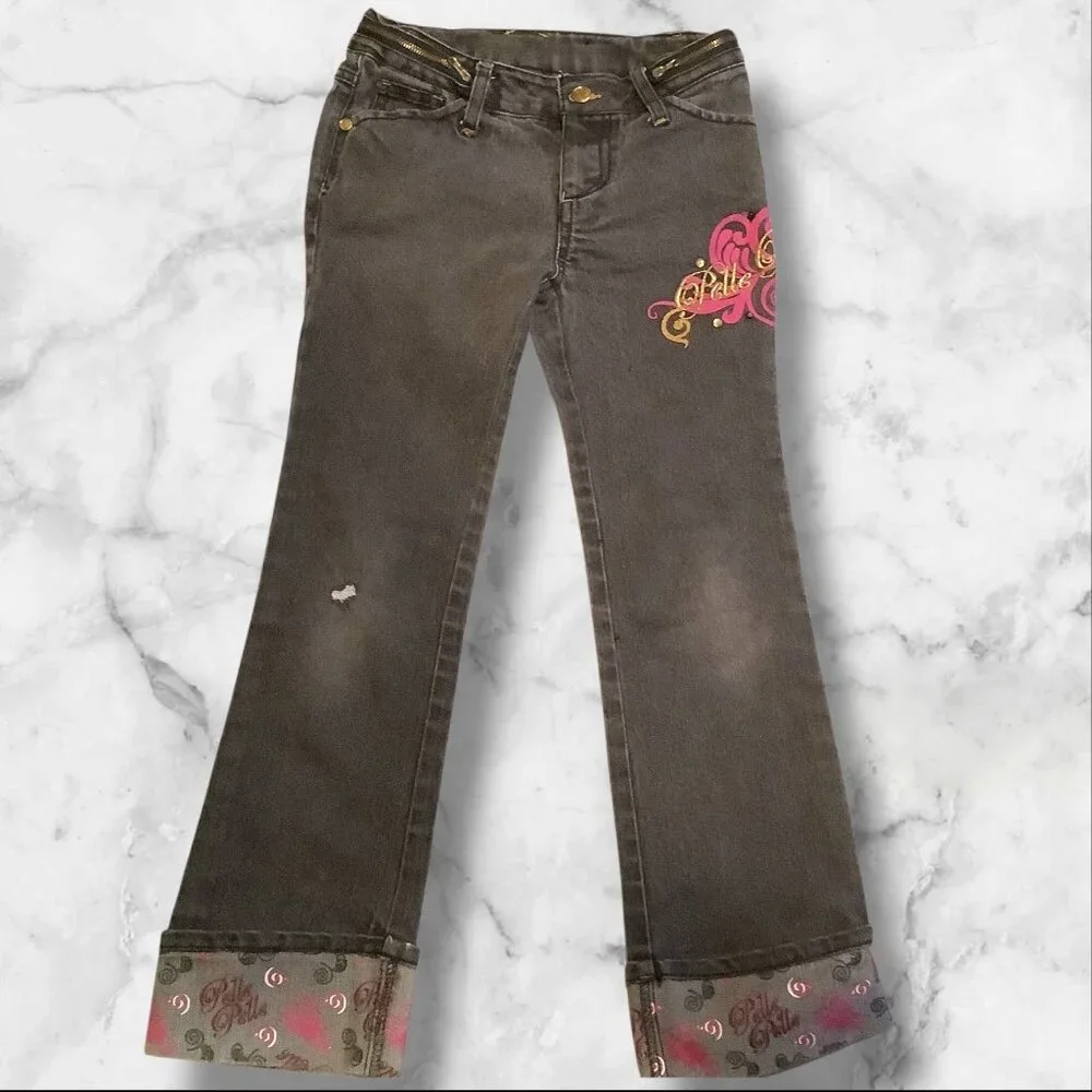 PellePelle Girls Size 6X Black Jeans With Belle Belle Design & Embroidered Cuffs
